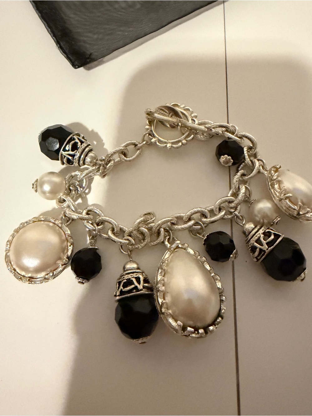 White House Black Market Silver-Tone Pearl and Black Bead Charm Bracelet